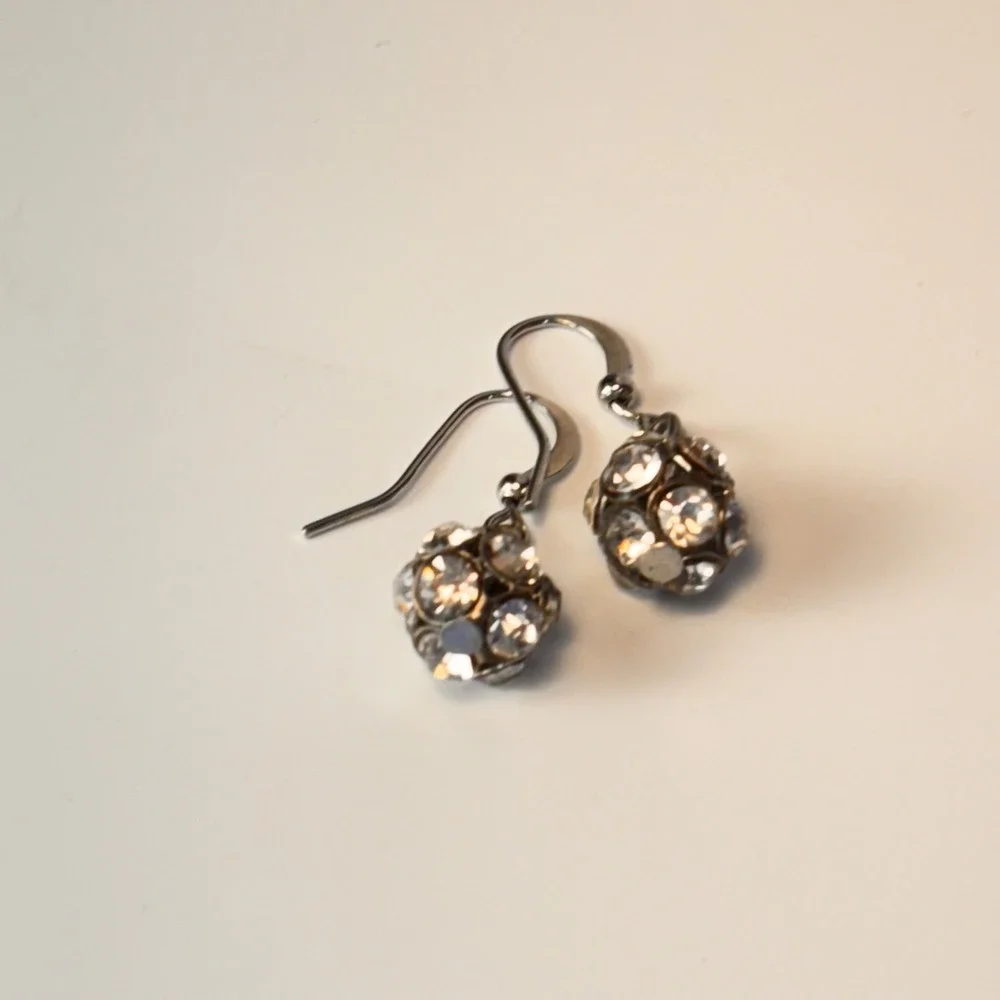 Vintage Crystal Disco Ball Earrings Silver Tone Pave Drop Dangle Y2K Statement